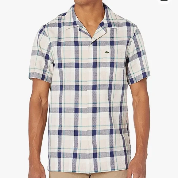 - NWT Lacoste Men's Short Sleeve Plaid Relaxed Fit Woven Shirt - Picture 3 of 5